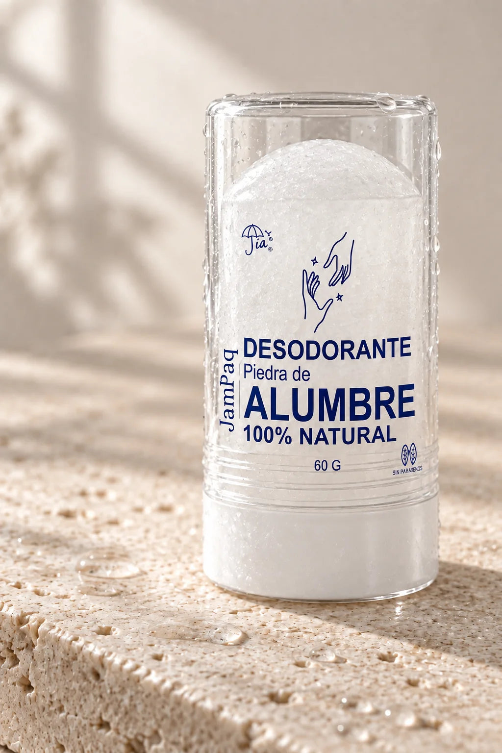 Detalle del cristal de alumbre con gotas de agua