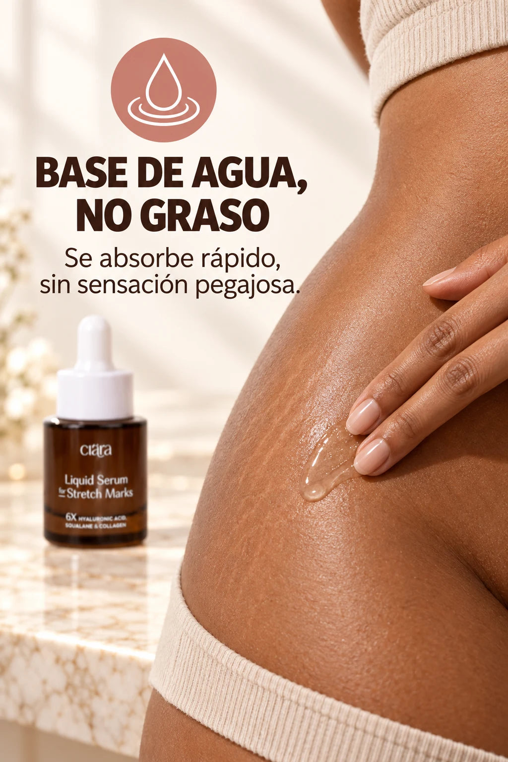 Base de agua, no graso: se absorbe rápido, sin sensación pegajosa.