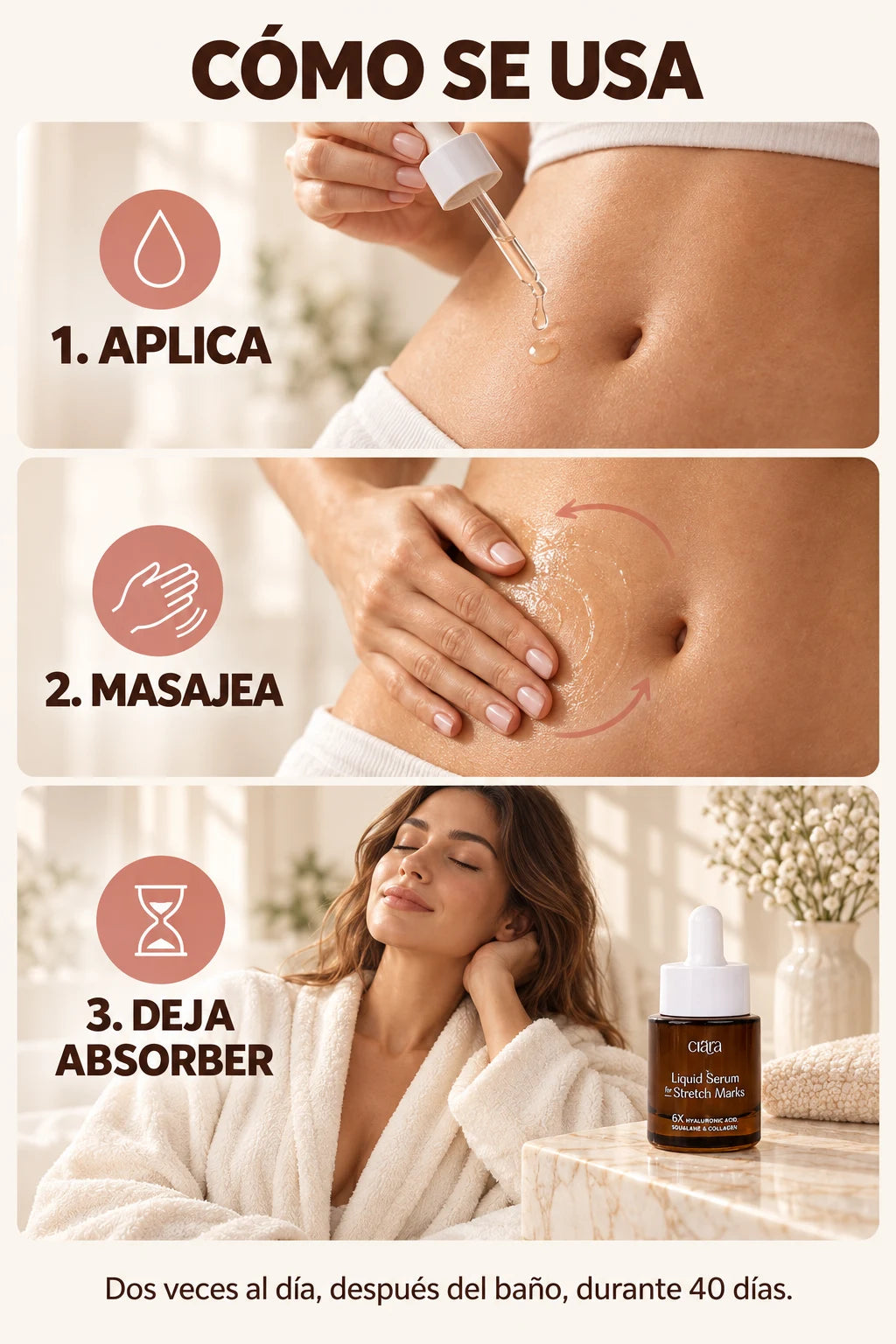 Cómo se usa: 1 aplica, 2 masajea, 3 deja absorber. Dos veces al día, después del baño, durante 40 días.